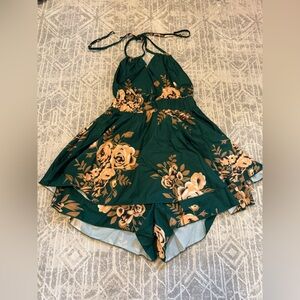 Floral Halter Romper in Green and Peach